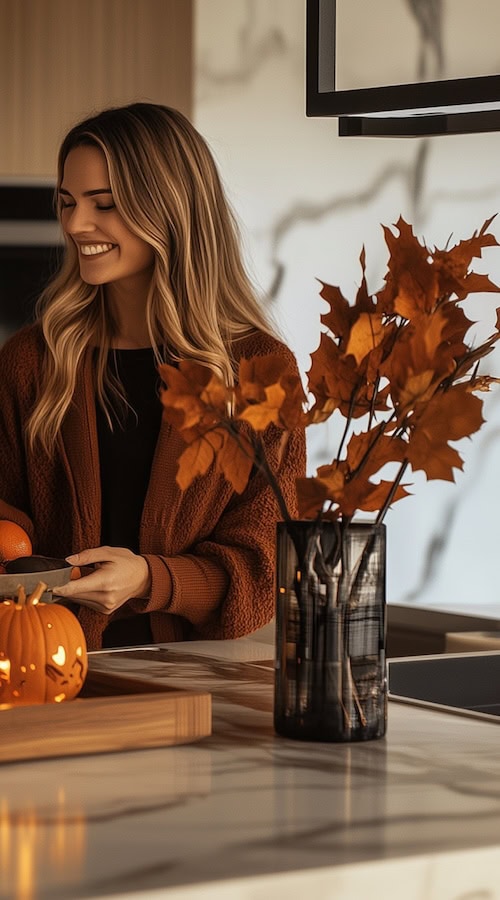 smiling woman shows how to bake pumpkin bread on Fall day