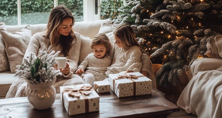 mom and kids enjoy Christmas morning after lerning 100 Genius Frugal Christmas Ideas To Save Money This Holiday