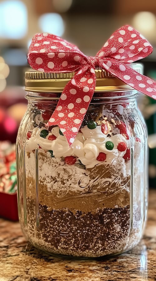 close up of mason jar filled with baking supplies DIY christmas gift idea frugal christmas