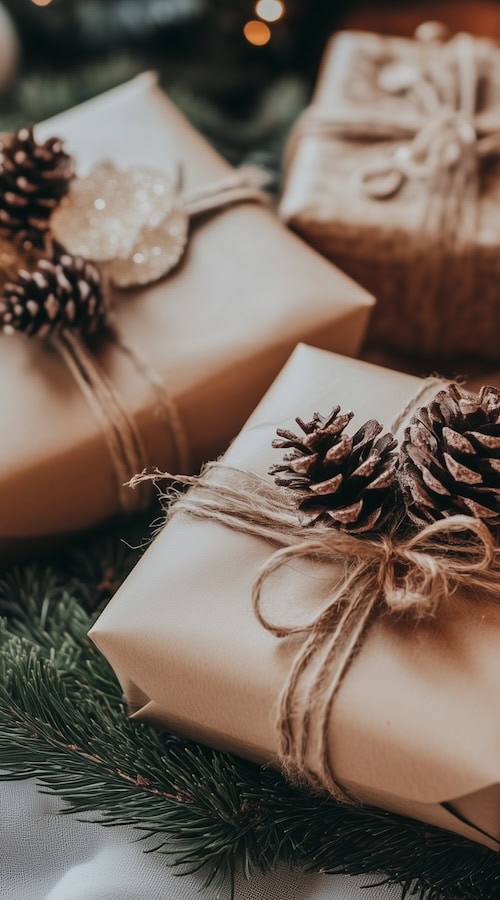 presents wrapped in natural paper with pinecone decor DIY christmas gift wrapping ideas for frugal christmas