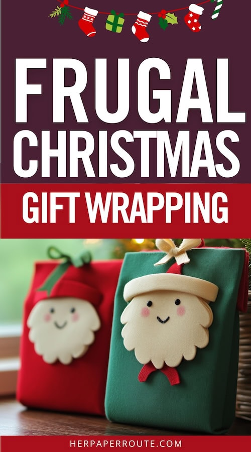 two holiday gifts wrapped in DIY bags with small santas made from felt - DIY christmas gift wrapping ideas for frugal christmas