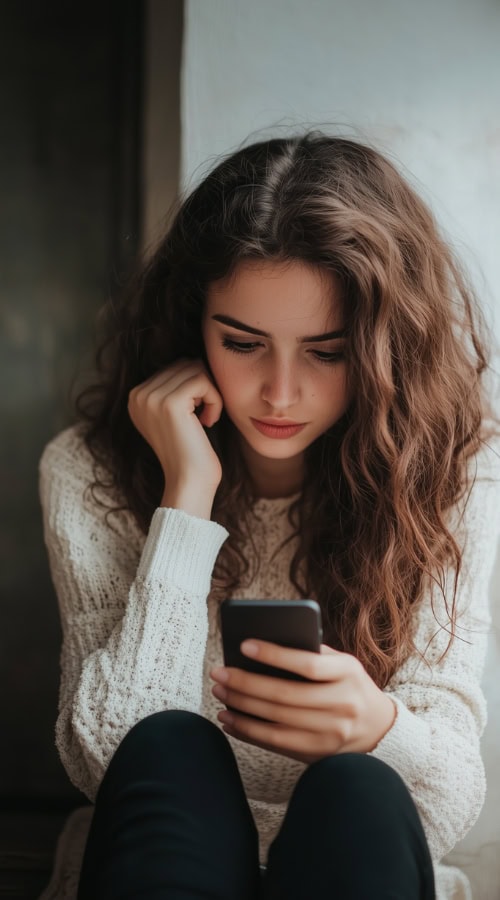 woman looks at phone and doesnt support her friends business on social media