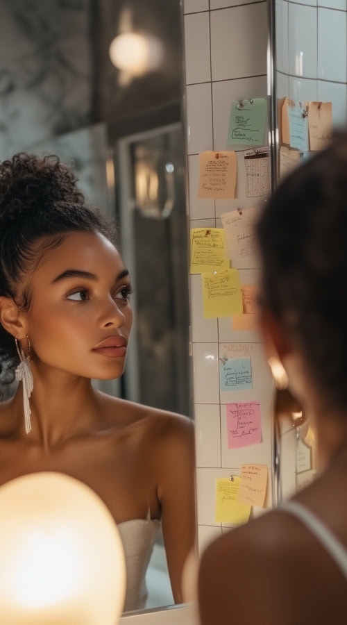 woman looks at the money vision board she hung on her wall