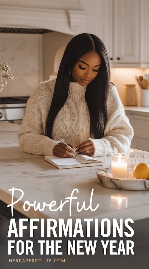 beautiful woman writes in her journal as she practices Powerful list of positive New Year affirmations to manifest her dream life