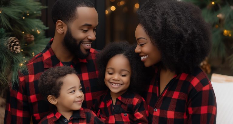 family wearing mathcing pjs pose for family photoshoot in matching pajamas