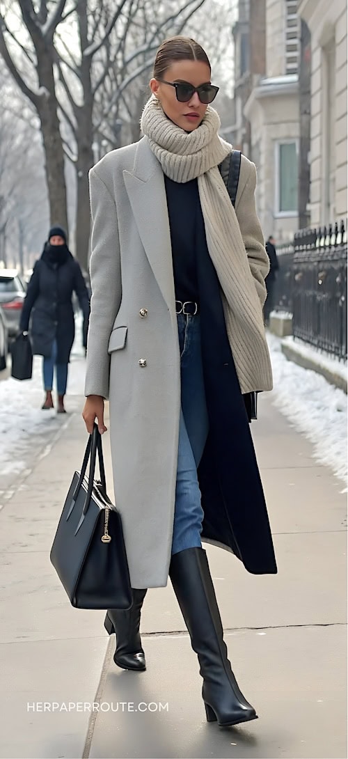 woman wearing fancy grey coat example of How to wear layered outfits