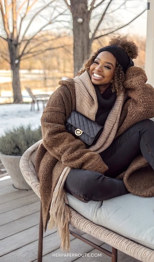 Cold Weather Outfits example brown coat on a smiling woman