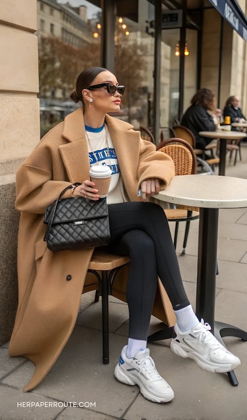 woman sits at cafe wearing casual Cold Weather Outfits