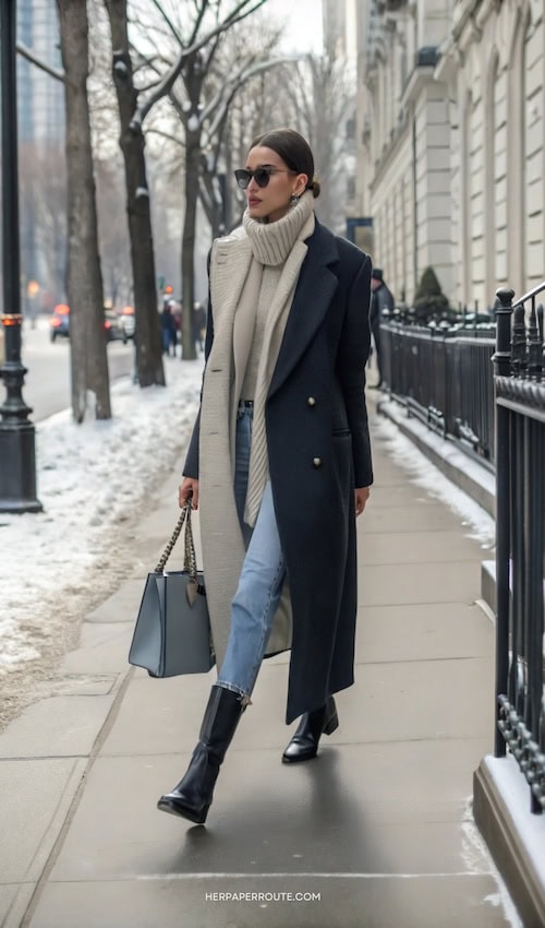 woman with layered look inspo wearing wool coat, scarf and denim