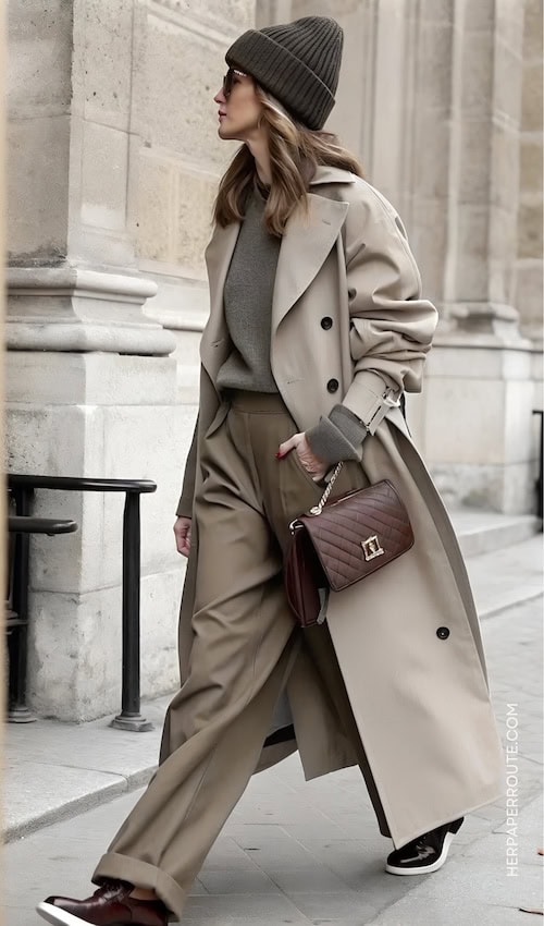 layered outfit ideas trench coat and baggy pants