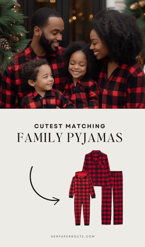 family wearing Black and red buffalo check  matching pjs