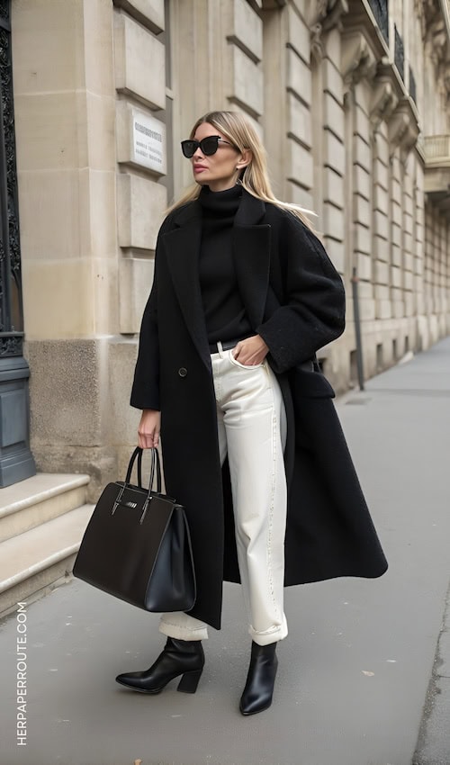 white pants and black coat winter fits aesthetic