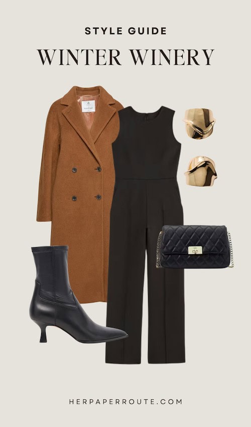 winter winery outfit with wool coat and layers