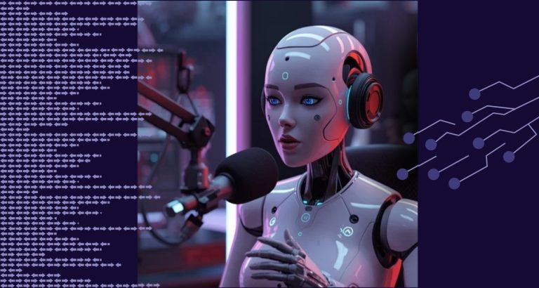 a robot talks into a microphone on a robot answering questions about AI